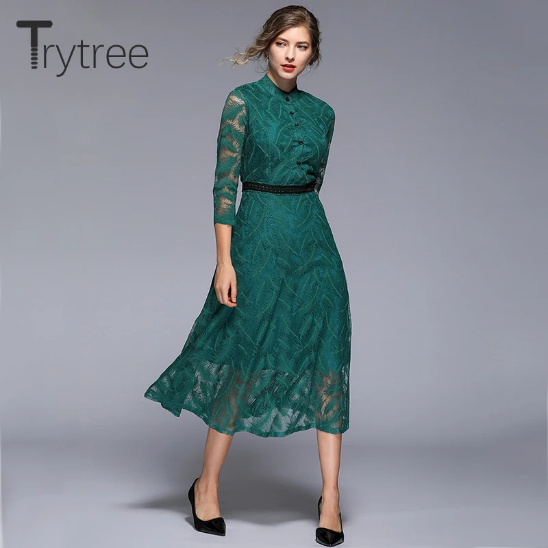 Trytree летнее осеннее однотонное зеленое платье кружевное полиэфирное