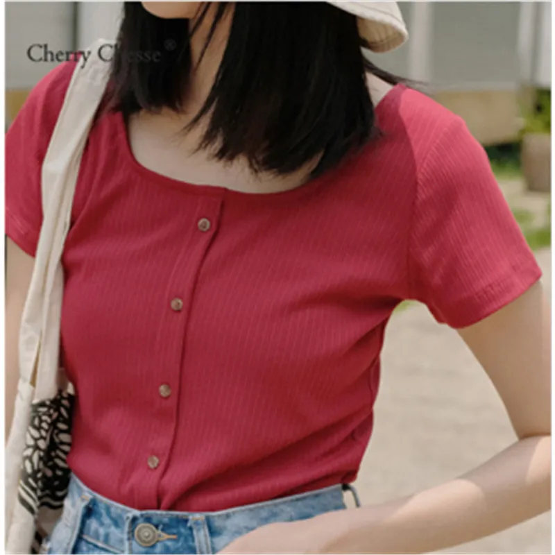 Cherry Chesse для женщин однотонная летняя футболка кнопка тонкий сексуальный