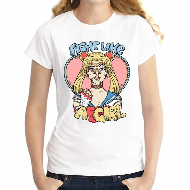 Женская футболка Fight Like A Girl Sailor Moon Samus Aran Lara Croft Princess Xena Badass Feminism Feminist Gamer Girl's