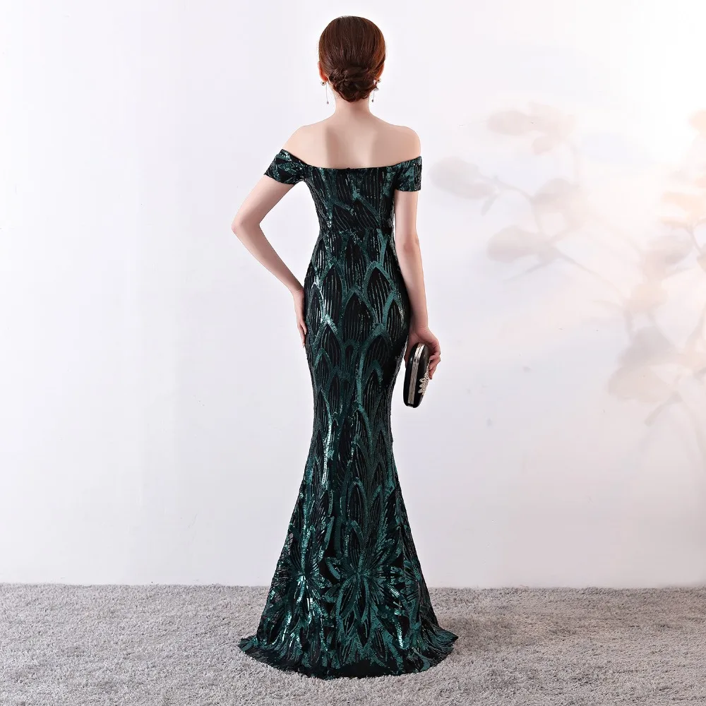 

Sladuo Elegant Luxury Sequined Floral Embroidery Sexy Off Shoulder Long Mermaid Formal Club Evening Party Dress