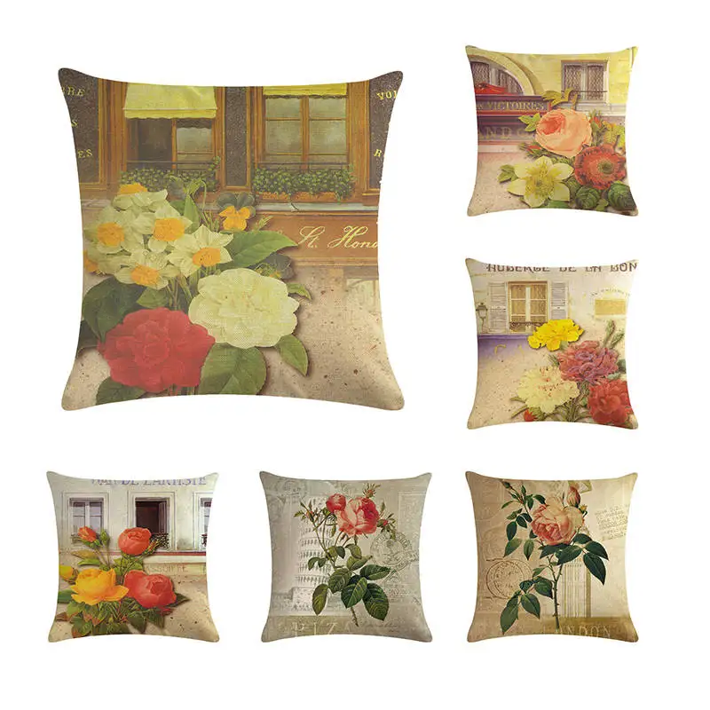 

45*45cm Flower Rose Printing Cushion Cover Cotton Linen Pillow Case Car Sofa Home Decorative Retro Floral Flower PillowcaseZY198