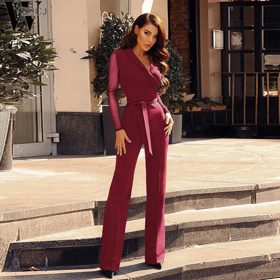 Женский офисный комбинезон WYHHCJ черный облегающий в горошек с v-образным вырезом