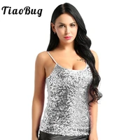 tiaobug women glittery sequined sexy dance tops adjustable spaghetti straps club party festival rave stage pole dance costume