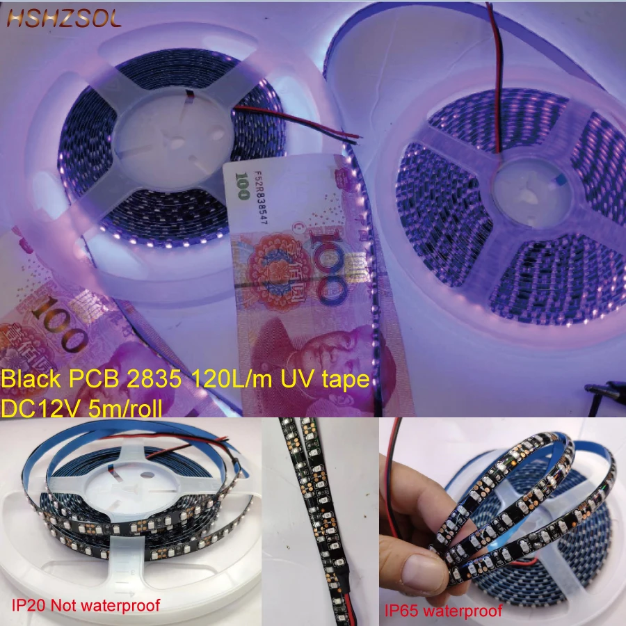 

10pcs/lot Black pcb 16.4ft 5M UV Ultraviolet led strip 2835 SMD Purple 600 LED Flex Strip Light 12V Bill Authenticity test