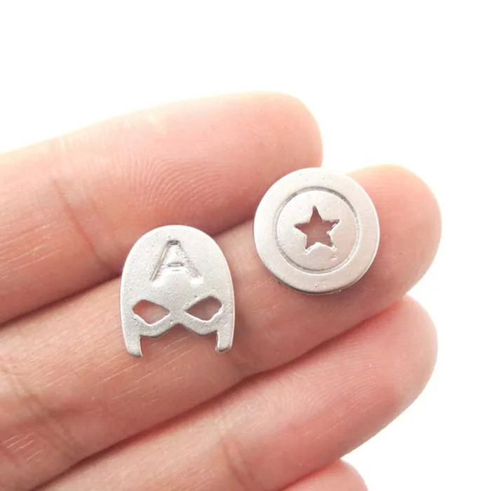 

Captain America Mask and Shield Shaped Stud Earrings Tiny Earrings For Women Girl Super Heroes Jewelry 10pcs/lot