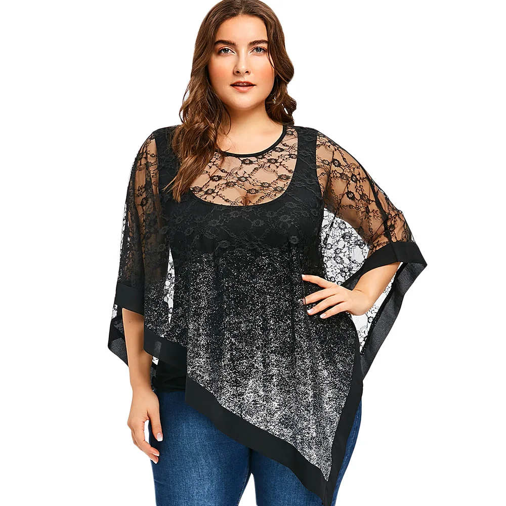 Wipalo Women Fashions Plus Size 5XL Sheer Asymmetric Lace Overlay Blouse 2019 Summer Three Quarter O Neck Tunic Tops Blusas|Блузки| |
