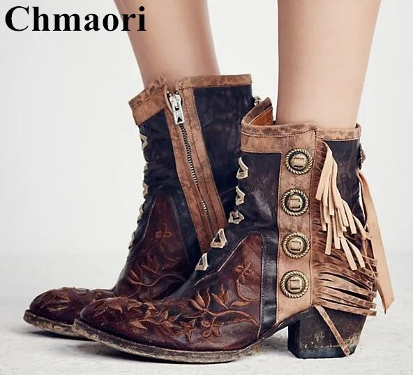 

2018 Fashion Side Tassel Decorated Woman Ankle Boots Round Toe Side Zipper Embroidery Boots Female Chunky Heels Vintage Boots
