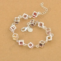 hot sale shiny cz crystal happiness rubic cube 925 sterling silver woman girl bracelet multicolored cube rainbow jewelry