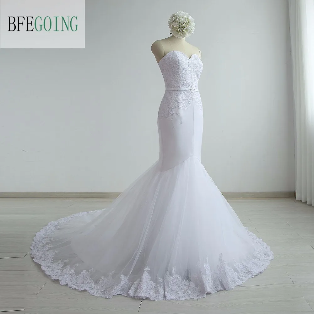 Белое Тюлевое кружевное свадебное платье с юбкой годе со шлейфом для часовни без