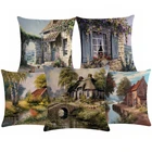 Наволочка для подушки с изображением пейзажа, льняная, хлопковая, для украшения гостиной, сада