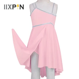 Балетное трико для гимнастики для девочек, танцевальное платье-пачка для латиноамериканских танцев, ассиметричное блестящее танцевальное платье на бретельках, танцевальная одежда для выступлений на сцене