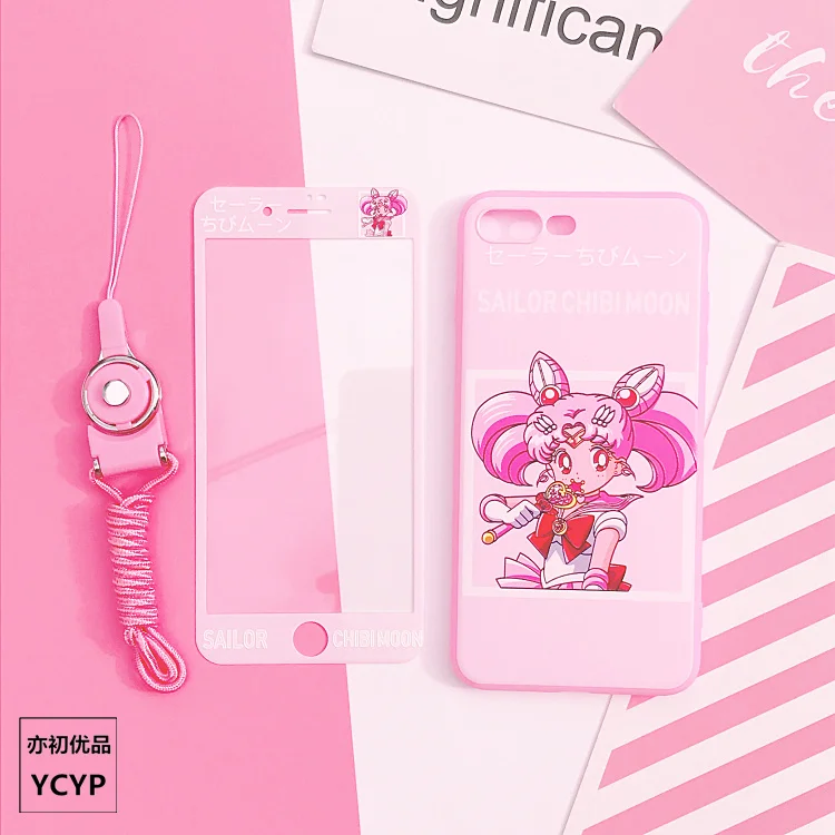 For iphone X Cartoon Sailor Moon Case +Tempered Glass Screen film for 8 8plus 6 6S plus 7 7plus Cardcaptor Sakura cover |