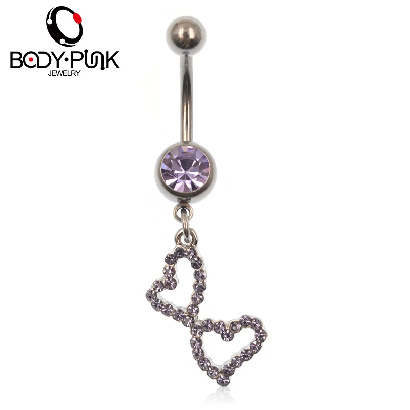 

BODY PUNK Free Shipping Purple Double Heart Inlay Rhinestone Dangle Navel Belly Button Rings Piercing Jewelry Surgical Steel