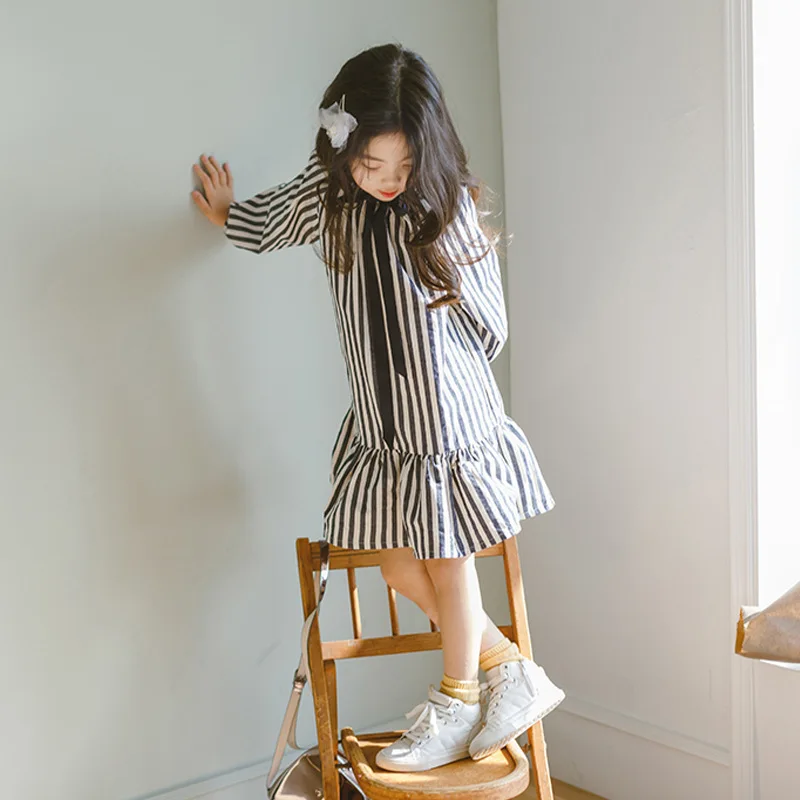 Ruffles Baby Toddler Girls Dress Spring 2019 New Black White Stripe Dresses for Little Cotton Kids Long Sleeve | Детская одежда и