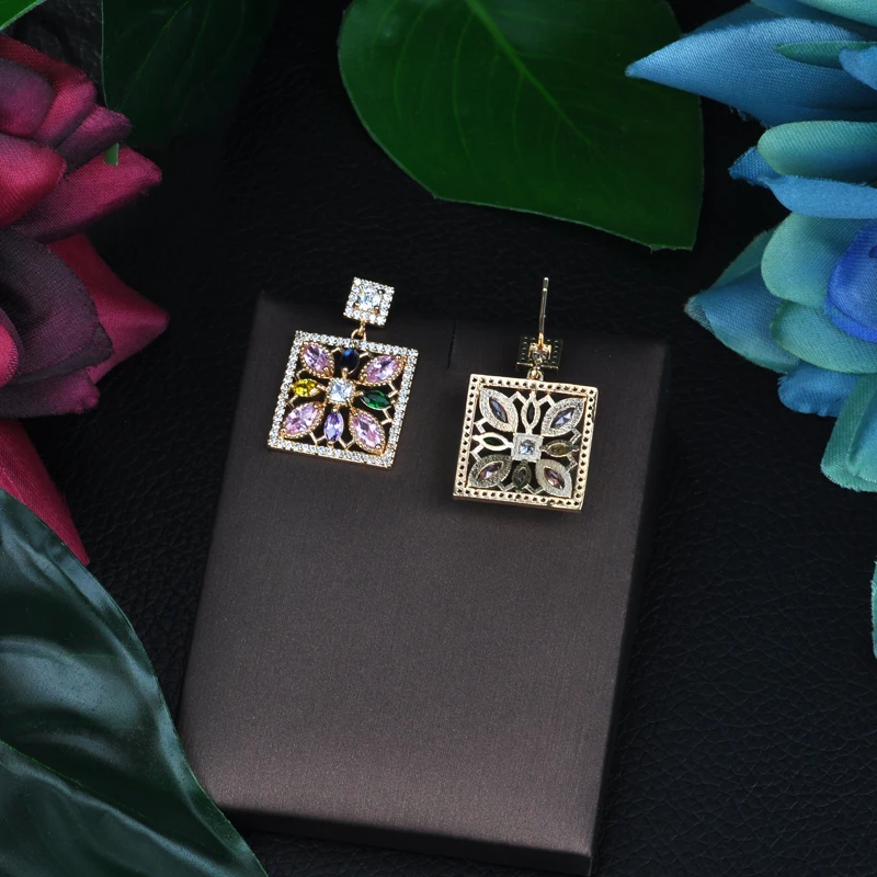 Роскошные квадратные фианитовые длинные серьги подвески HIBRIDE с фианитами для