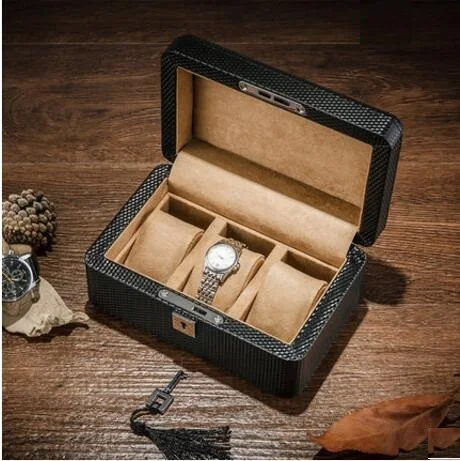 

luxurious Carbon fiber cortex + wooden 3-grid watch box storage watch drawers organizer box watch display With lock MSBH013