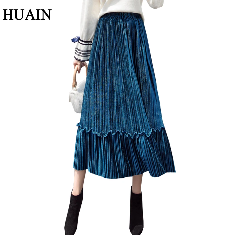 Бархат Для женщин юбка Высокая талия осень 2018 Новый оборками миди плиссированная