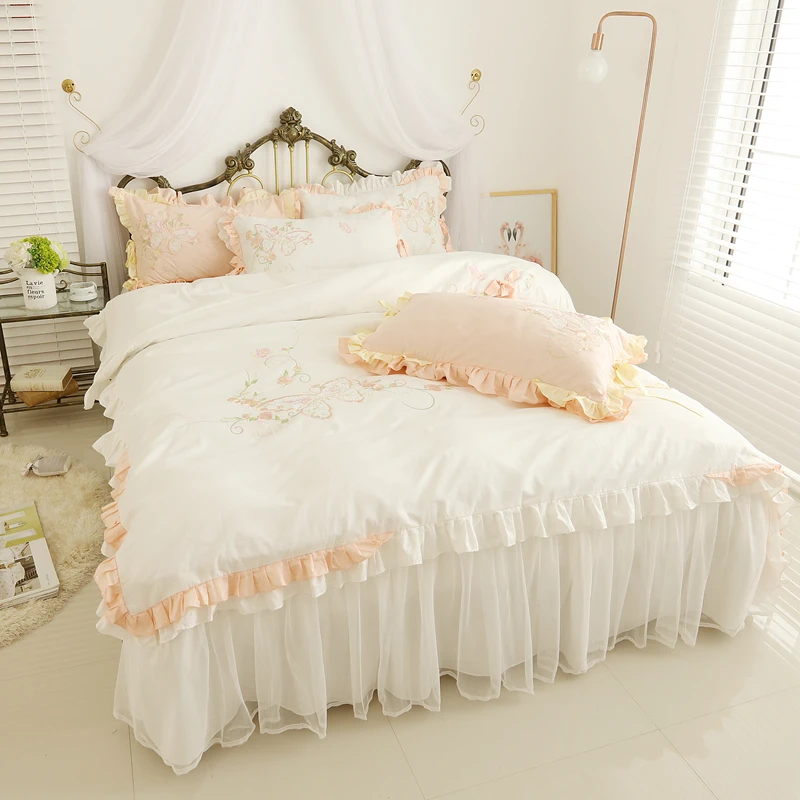 Elegant pastoral bedding set embroidery flower double ruffle douvet cover lace bedspread quality fabric bed sheet home textile | Дом и сад