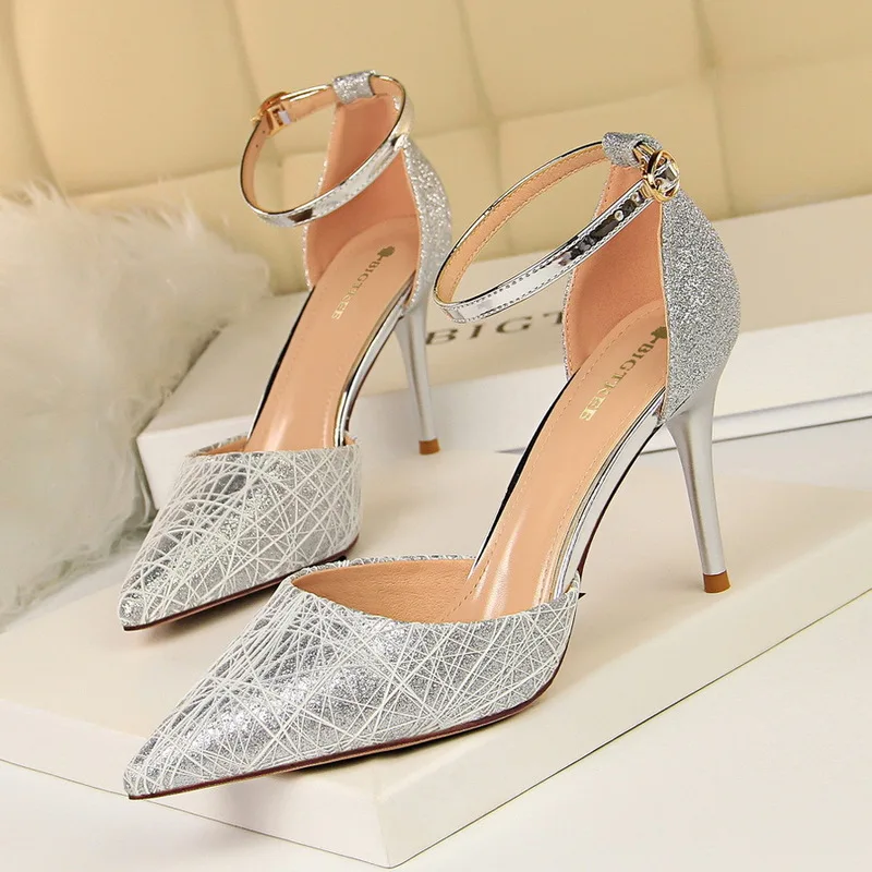 

Women Shoes Pumps Pointed Toe Hollow Word band 9CM thin High Heels Boat Wedding Dress Office Party Shoes