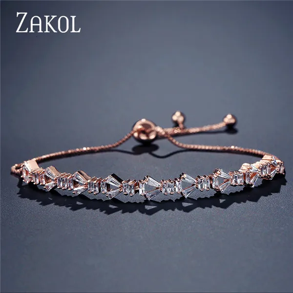 Rose Gold Color Браслеты ZAKOL из розового золота с амулетом AAA CZ, геометрические цепочки и звенья, модные браслеты, лучшее ювелирное изделие, подарок для женщин FSBP2035 - Окраска металла: Rose Gold Color