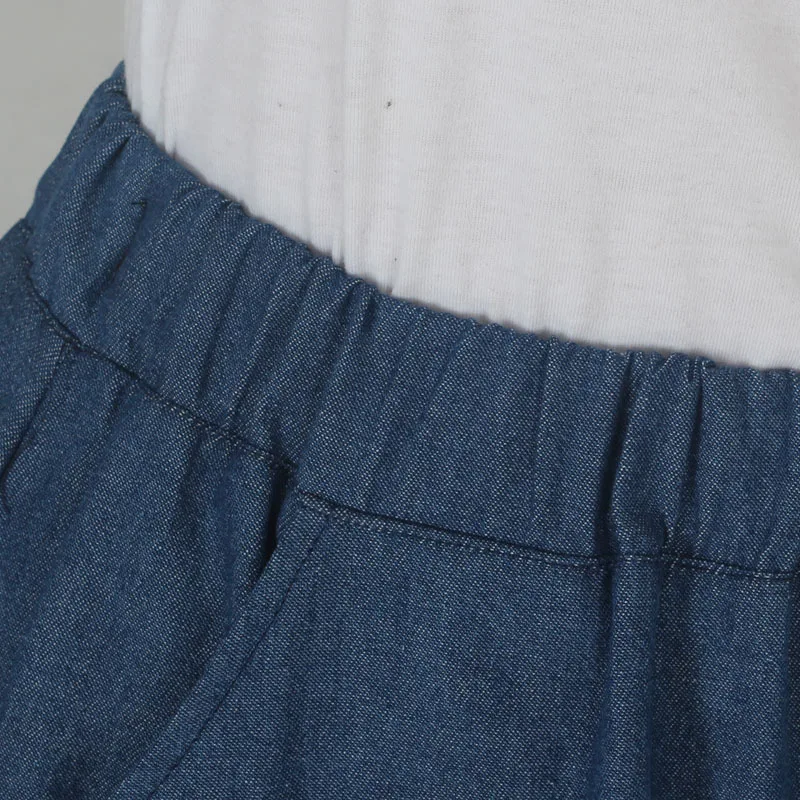 

Blue Denim Cotton Skirts With Buttons For Womens Female Brand Designer Casual Pockets Elastic Waist Mid-calf A-Line Skirt