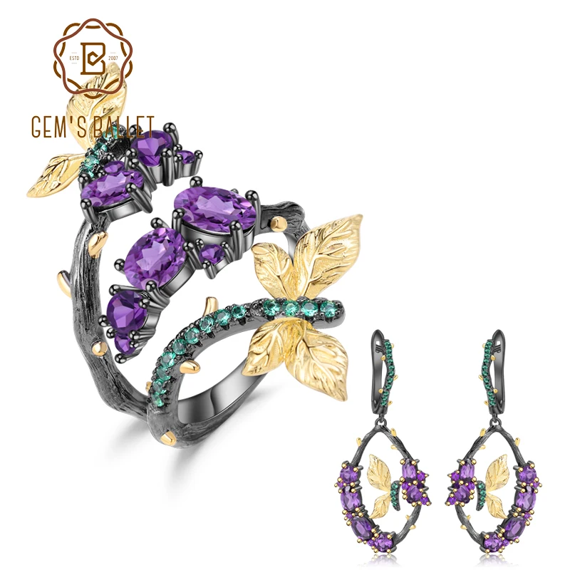 

GEM'S BALLET 5.55Ct Natural Amethyst Gemstone Jewelry Set Real 925 Sterling Silver Handmade Ring Earrings Sets For Women Wedding