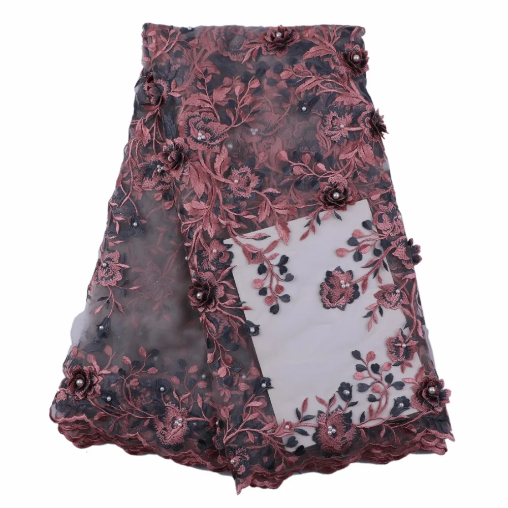 Maroon 3d french lace fabric with flowers&ampstones&ampbeads 5yards/pcs for sewing african evening party derss patchwork Oct-16-2017 | Дом и