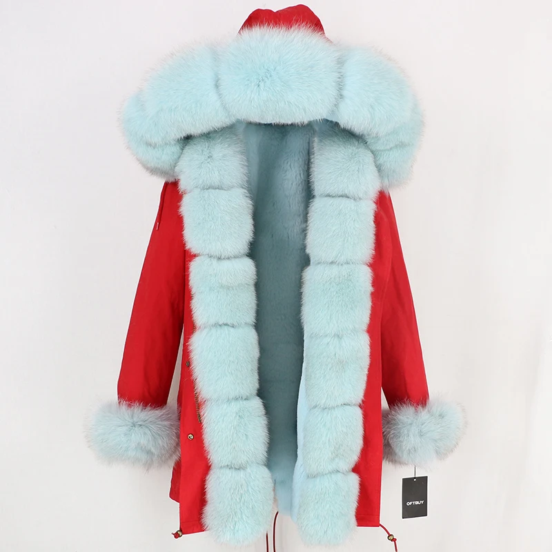 OFTBUY, Длинные парки, зимняя куртка, Женское пальто с натуральным мехом, отделка из натурального Лисьего меха, капюшон, верхняя одежда, уличная одежда, толстая, теплая, съемная - Цвет: red light blue