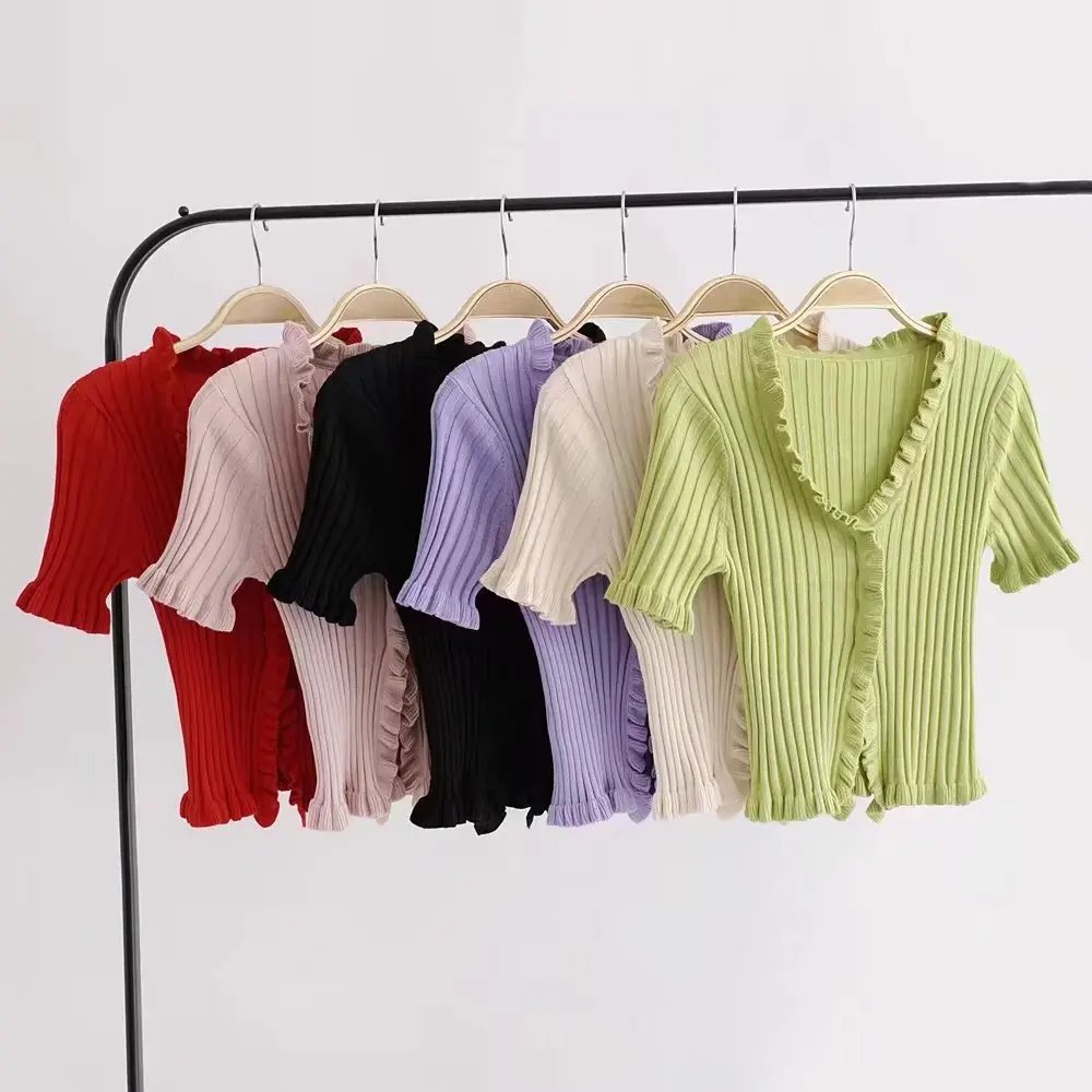 2019 Autumn Knit Sweater Female Women Ruffle Trim Crop Knit Cardigan With Short Sleeve Deep V Neck Crop Casual Jumper Pull Femme wave pattern open knit jumper