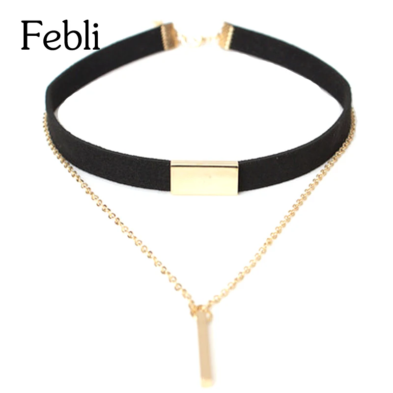 Febli Новое поступление короткие бархатные Цепочки и ожерелья с двойной цепи Мода в