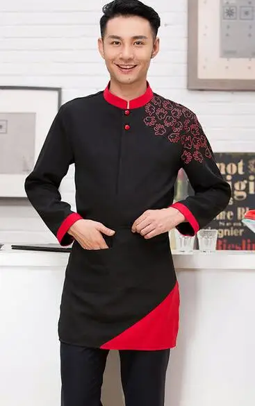 Men black long Ресторан горячий горшок Кофе магазин униформа официанта женский отель официант Корейская одежда с длинным рукавом с фартуком - Цвет: Men black long