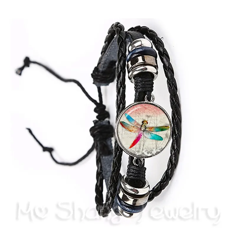 Dragonfly Pattern Classic Bracelet Insect Art Picture Glass Cabochon Dome Black/Brown 2 Color Leather Cords Adjustable Bangle | Украшения и
