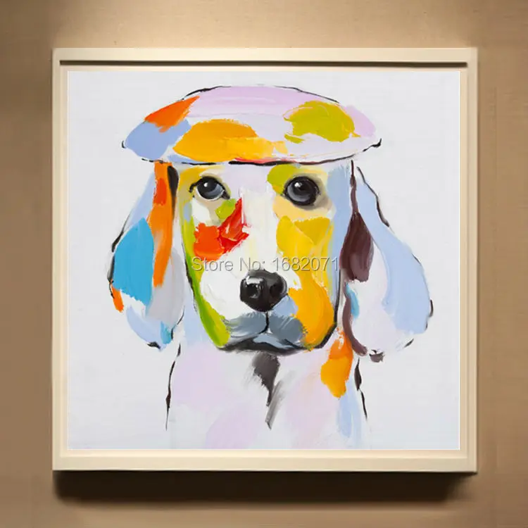 

Beautiful Colors Hand-painted Knife Dog Oil Painting On Canvas Handmade Impression Funny Animal Dog With Hat Oil Paintings