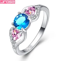 jrose temperament double pink heart wedding engagement rings for women silver color aaa round cubic zirconia jewelry gift ring