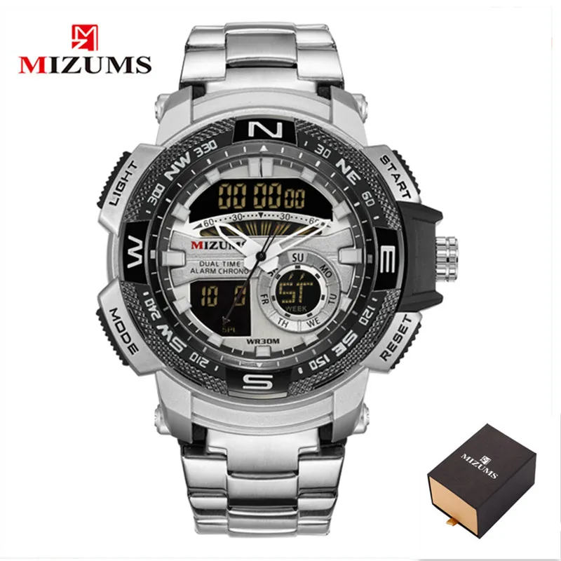 silver Box MIZUMS, военные наручные часы, светодиодный, цифровые, спортивные часы для мужчин, золото, нержавеющая сталь, ремешок, двойное время, кварцевые часы для мужчин, Relogio Masculino - Цвет: silver Box