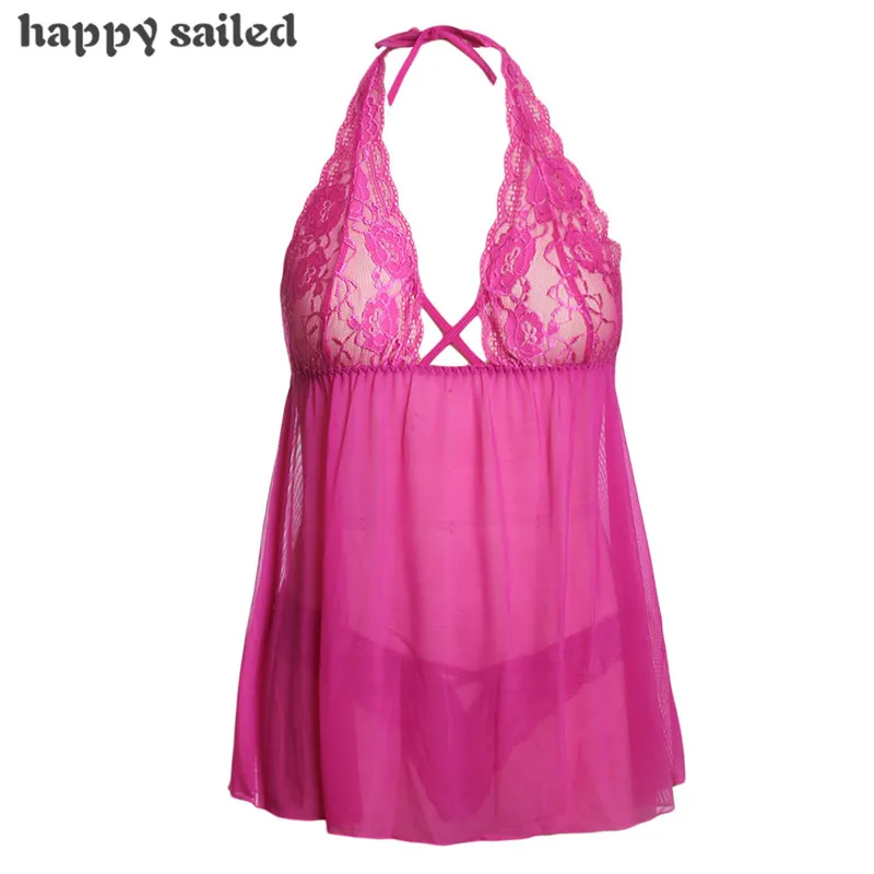Happy Sailed babydoll lingerie sexy Black Ravishing Halter Lace Top Open Back Night Dress with Thong Costumes Underwear LC31014 |