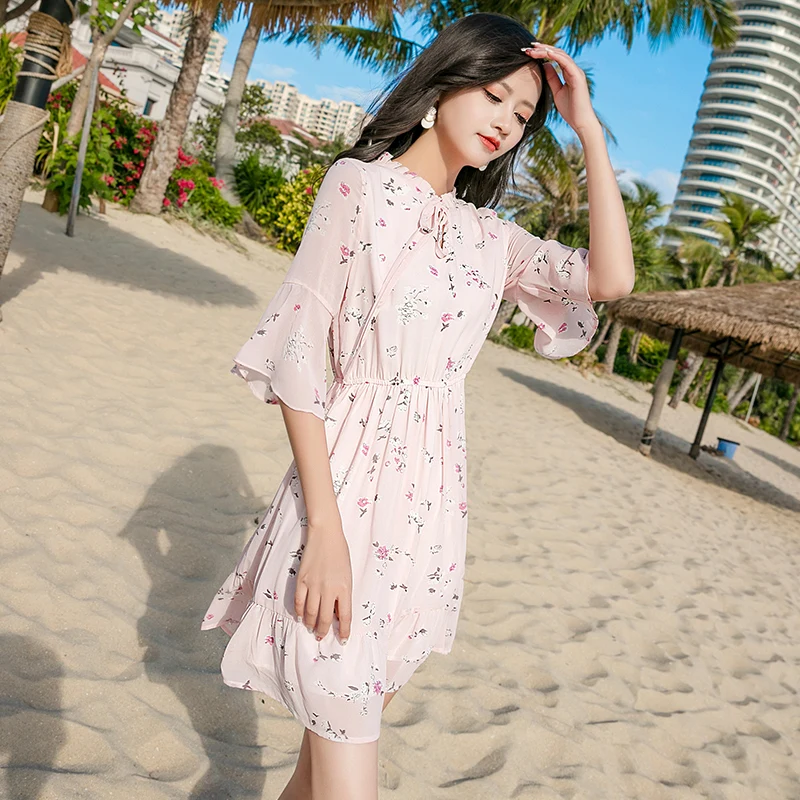 Шифоновое милое Повседневное платье Новинка лета 2019 женские облегающие розовые