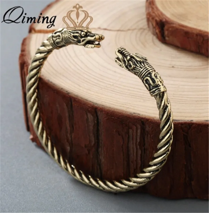 as picture QIMING Dragon браслет, браслет Викинг Фенрир, языческий браслет, мужские ювелирные изделия, славянская голова волка, браслеты-манжеты для женщин, браслеты из серебра - Окраска металла: as picture