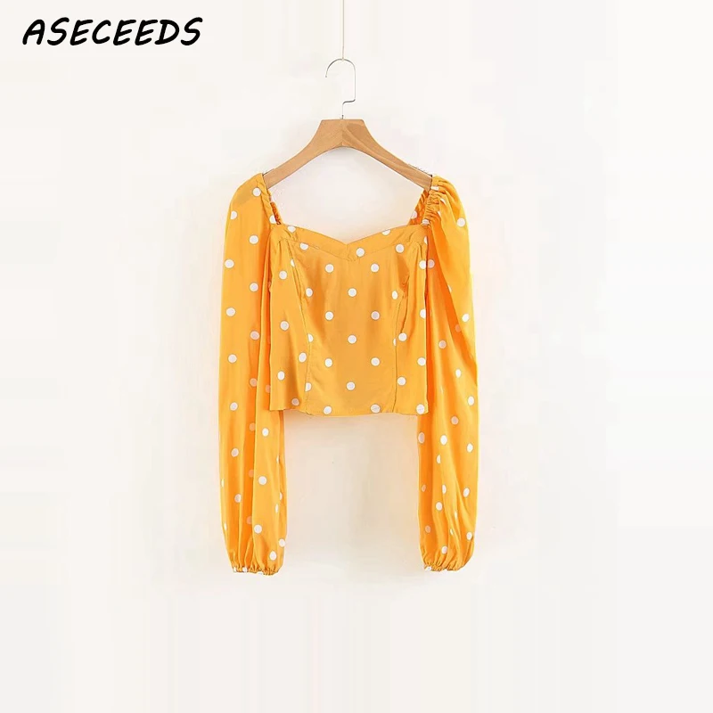 2018 Винтаж горошек boho шифоновая блузка корейская мода квадратный воротник