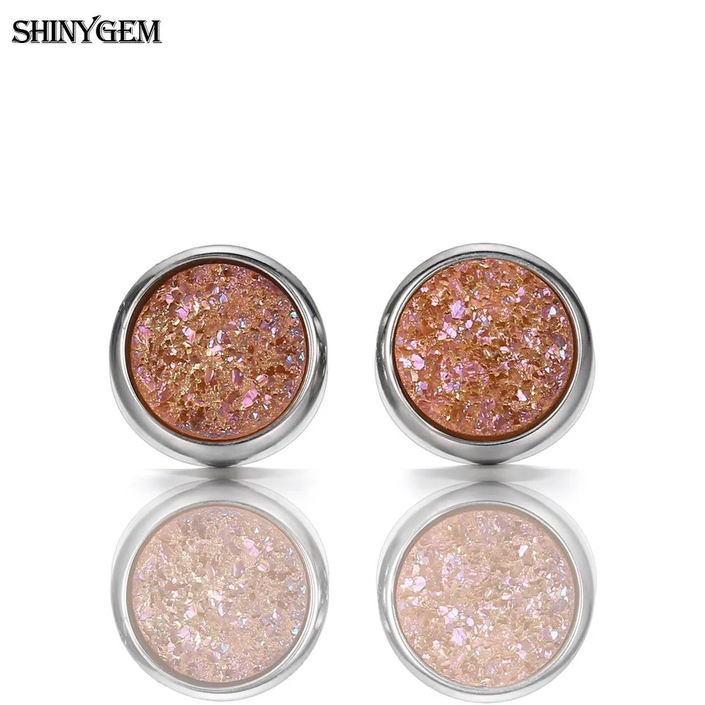 Серьги-гвоздики из нержавеющей стали ShinyGem Druzy, высокое качество, 6 мм/8 мм/10 мм, круглые модные сверкающие серьги из натурального камня для женщин