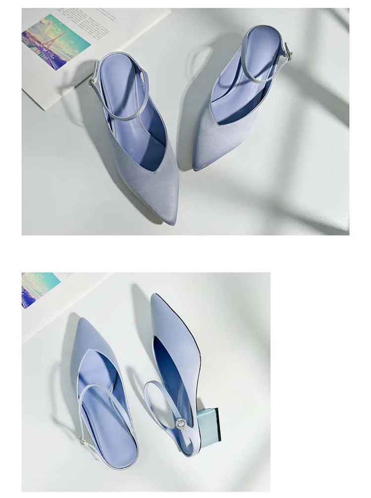 Выразительные женские босоножки на не сужающемся книзу массивном каблуке; коллекция года; Роскошные брендовые дизайнерские Шелковые летние шлепанцы с острым носком; женские сандалии; ботинки с пряжкой на лодыжке