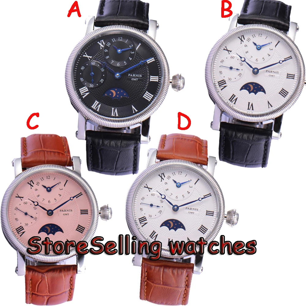 Мужские наручные часы 42 мм Parnis с белым циферблатом Moon Phase GMT|Мужские механические