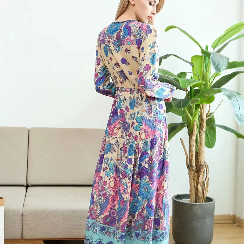 Boho Фламинго осеннее платье с длинными рукавами экзотические Цветочный принт