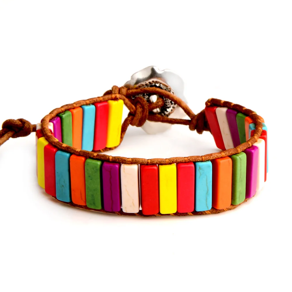 Handmade Bohemia Bracelet Stone Tube Beads Genuine Leather Yoga Strand flower For Women | Украшения и аксессуары