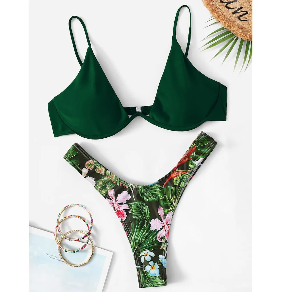 Для женщин принт снизу однотонные зеленые Высокая Талия пуш ап пляжный