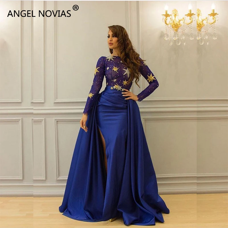 Женское вечернее платье Русалка ANGEL NOVIAS синее с длинными рукавами и блестящими
