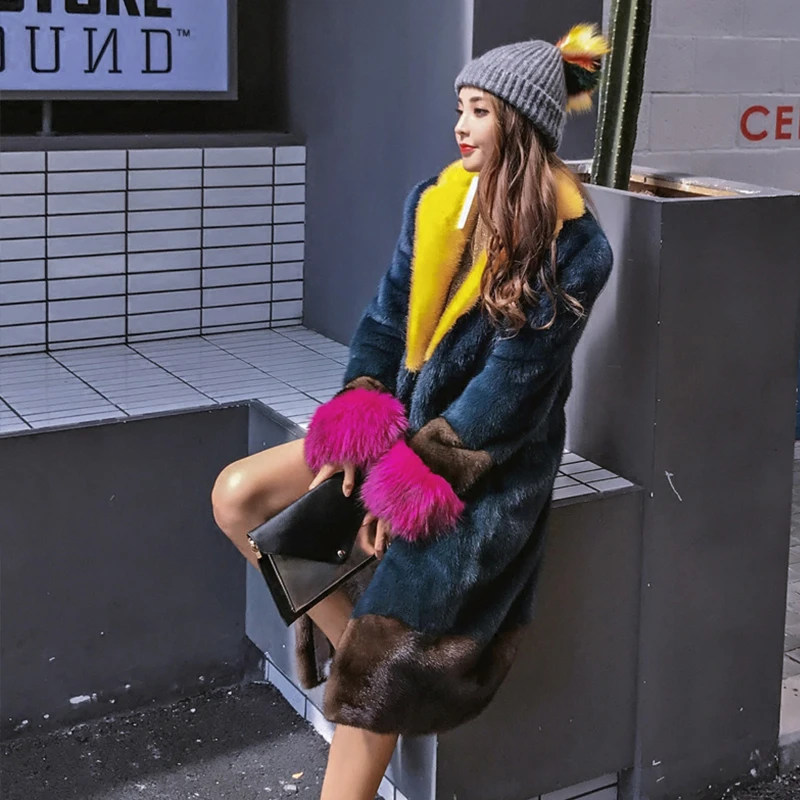 Stylish Winter 2019 female jacket colorful elegant long real mink fur coats polo collar raccoon dog sleeve new Women's clothing