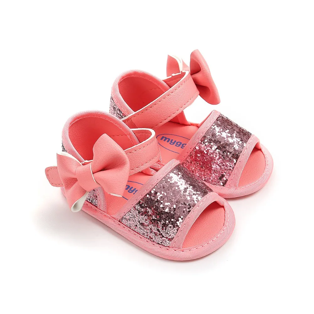 Brand Summer Sequin Bow Girls sandals PU Leather Princess sandals Gift baby moccasins Anti-slip Baby infant sandals