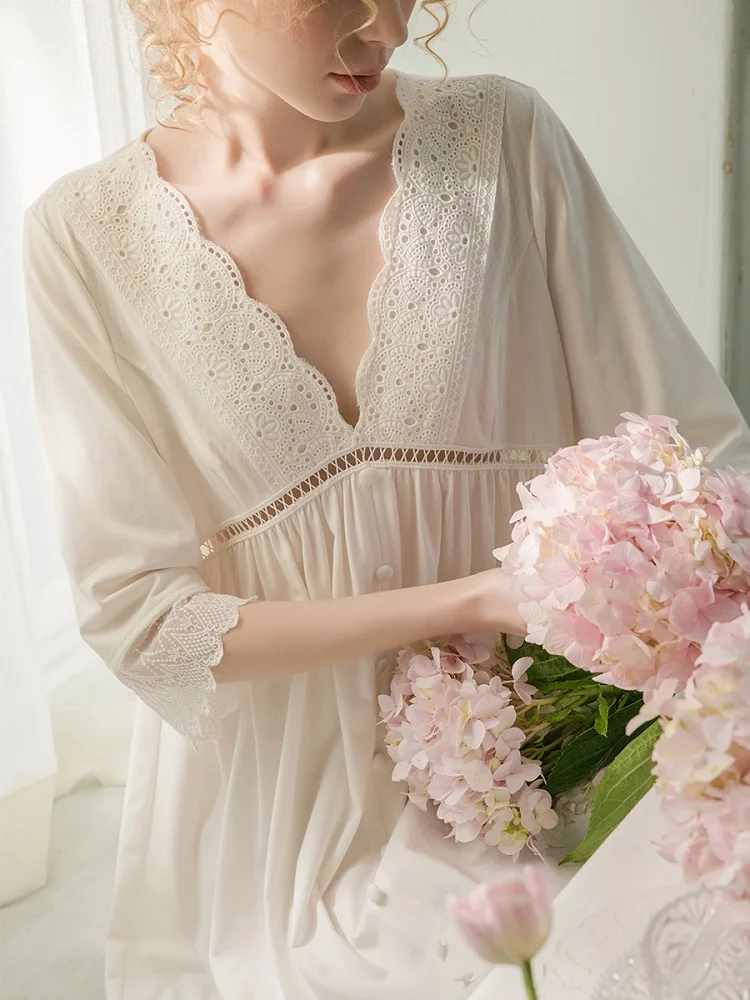 

Vintage Princess Nightdress Plus Size Spring Summer White Cotton Nightgowns Women Soft Sexy Lingerie Lace Night Skirt