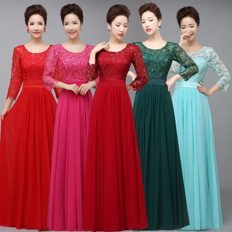 

Coral color bridesmaid dress O neck lace chiffon 3/4 sleeve A Line elegant wedding party gowns long robe de soirÃ©e de mariage